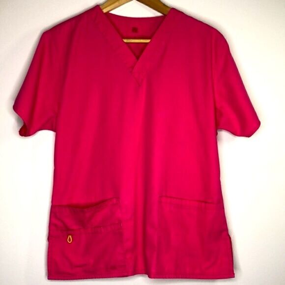 Wonderwink Spread Good Cheer Strawberry Pink Scrub Top Short Sleeve, Size (S) - Picture 1 of 9